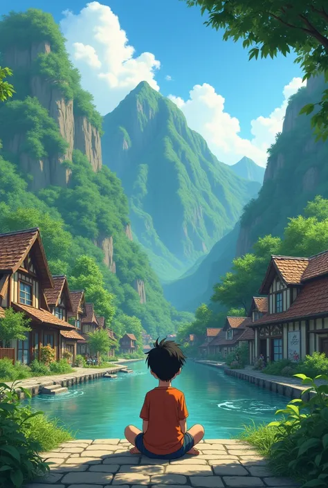 There is a boy sitting pondering in a small village surrounded by mountains and a clear river, begging for a ghibli cartoon.