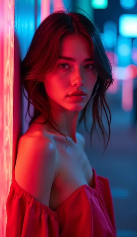 raw photo, photograph, film still, cinematic, fashion photo of beautiful woman, fashionable dress, detailed skin texture, vibrant colors, neon theme, high contrast, photo grain, 3600 iso, cinestill