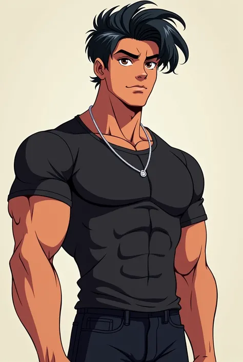 Cartoon a 20-year-old boy  , high,  slightly dark complexion , muscular,  black curtain hair ,  brown eyes ,  in a tight black shirt showing his chest muscles,  black pants with a silver neck necklace 