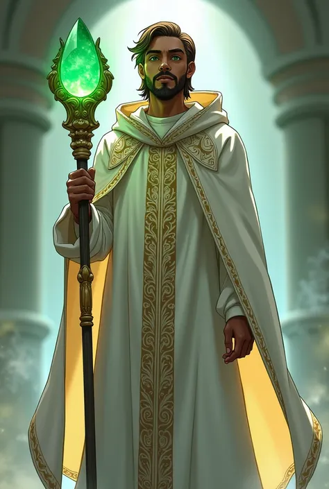  anime style.  Young dark-skinned .  A slender beard and mustache.  long hair,  light brown . his eyes are green. He is a priest .  He wears a white robe with brown engravings and a white cape with a hood. He wears a staff with a green gem .