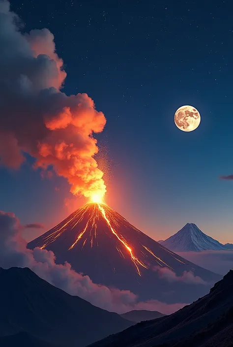 " The Popocatépetl volcano erupting under a starry night sky .  Flames and smoke illuminate the scene ,  while in the distance you can see the profile of Iztaccíhuatl covered in snow , serene and immovable .  The contrast between fire and calm reflects the...