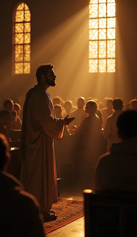 A dimly lit synagogue with tall, ornate windows casting warm golden light onto the wooden pews. Jesus, a 30-year-old Middle Eastern man with dark brown hair, deep brown eyes, and a calm, authoritative presence, stands at the center of the room, teaching a ...