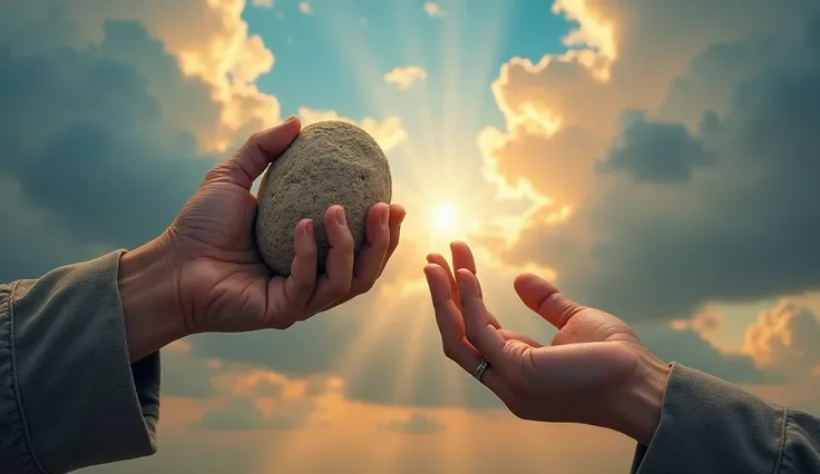 A hand holding a stone, But with the other hand extended to the sky. Realic 4 k hdr