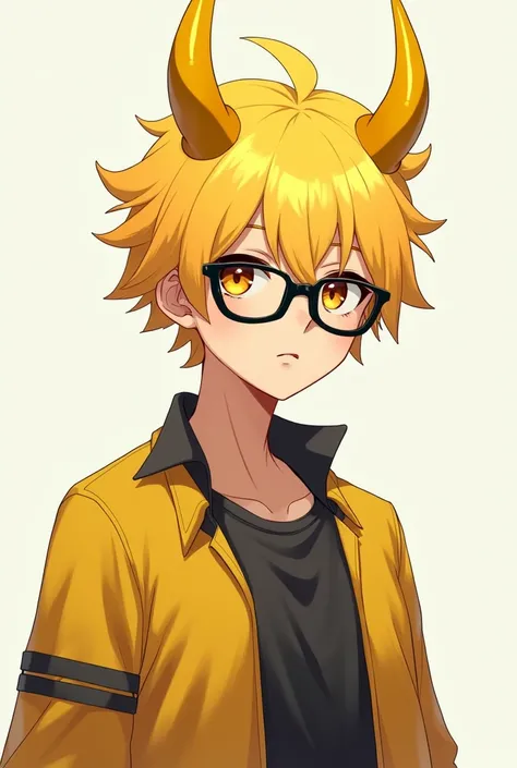 He is male, he is white, he has black glasses and he has yellow hair and he has yellow horns and he has brown eyes and he is anime.