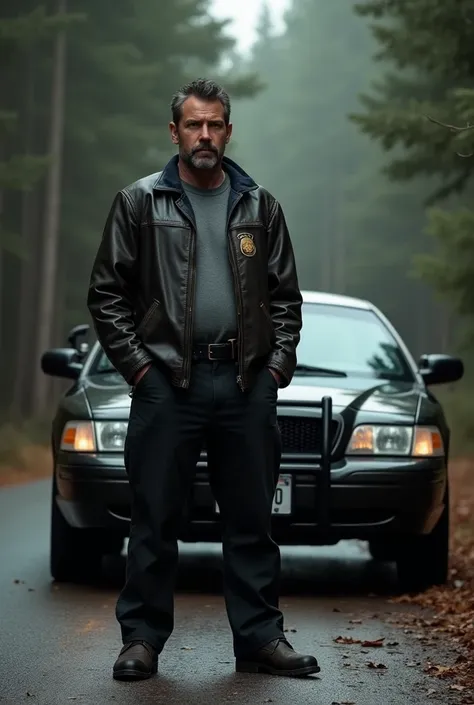 man, 35 years old, similar to Ben Affleck, wearing a police leather jacket , gray sweater,  black pants , boots,  on pants, the belt with the police badge .  Standing next to a black Ford Crown Victoria in the middle of the road and forest.