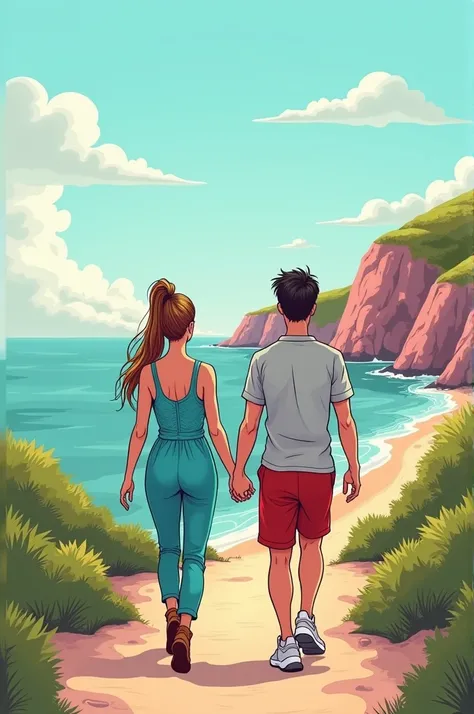 Image type cartoon un couple se balade sur les sentiers des douaniers du côté de Ploumanach sur la côte de granit rose. 
On voit un couple marcher de dos. Ils se tiennent la main. 
La femme a les cheveux longs relevés en queue haute. Ses cheveux sont châta...