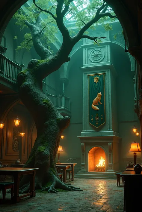  Hogwarts House Common Room with dark green misty magic and lights, an oak tree at its entrance, furniture and tables scattered around, lit fireplace, flag of a Fox on a dark green background with dark yellow detailings hanging on the wall and a large full...