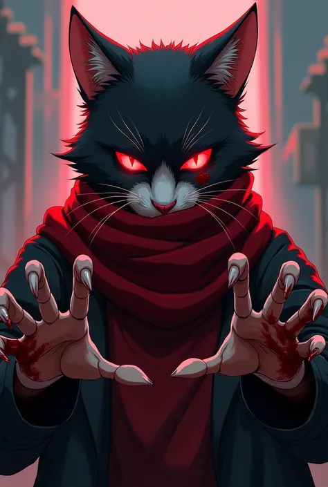 Anime man cat villain. Staring at us. With claws what aimed at us. His red scarf hide his mouth. On his cheeks pieces of blood. His eyes is red. With his 19 years old.  On his hand also pieces of blood