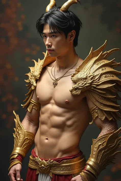 A handsome Korean man, 19 years old, with golden eyes, fair skin, black hair, taking off his clothes to show off his six-pack, a very good figure, wearing a golden dragon armor, he has dragon horns, wearing only a G-string, his crotch is bulging (a realist...