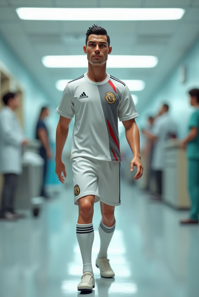 Generate Cristiano Ronaldo in the form of an animated doll entering the hospital 