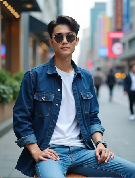  Photography of a clean and clear looking korean guy ,  wears white t-shirt , blue flannel shirt ,  and blue jeans,  memakai kacamata hitam, sedang duduk dibangku di pinggiran jalan perkotaan . fac at the camera.  professional photography , Very real, ultr...