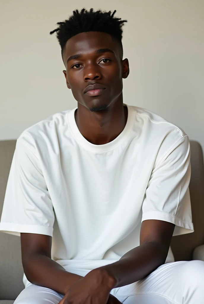 A black guy With fade cut sitting in a chair, White jersey, posing, looking at the camera