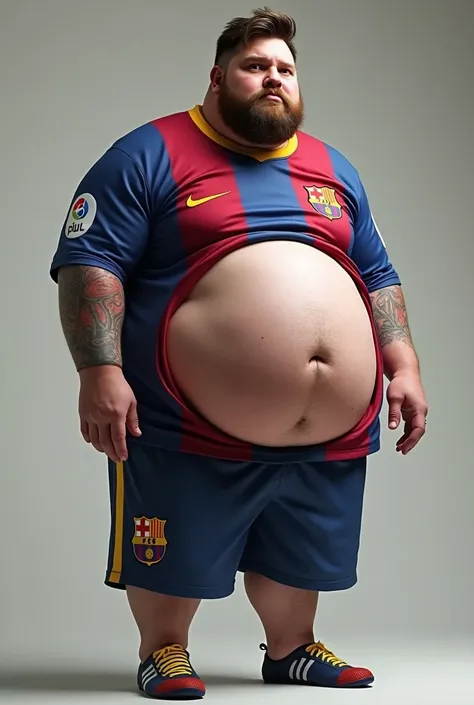 
Create a hyper realistic image of lionel messi body is very fat and the stomach is very big .The messi is wearing barca jesry