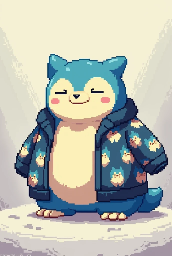 Draw a snorlax Pokémon wearing a jacket with the Pokémon Kakuna design in pixel art style