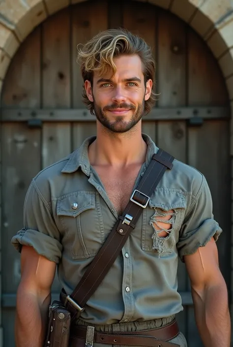 Younger, athletic, Man with dark blonde , curly and partly tied hair ,  some beard and green eyes ,  stands smiling against a large wooden door .  His gray shirt is torn and he is wearing a sword strap across his chest.