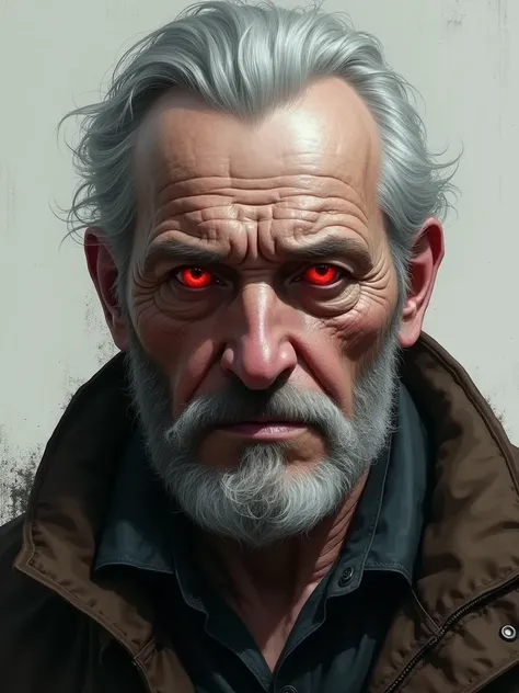 Create a gray hair Russian face red eyes 