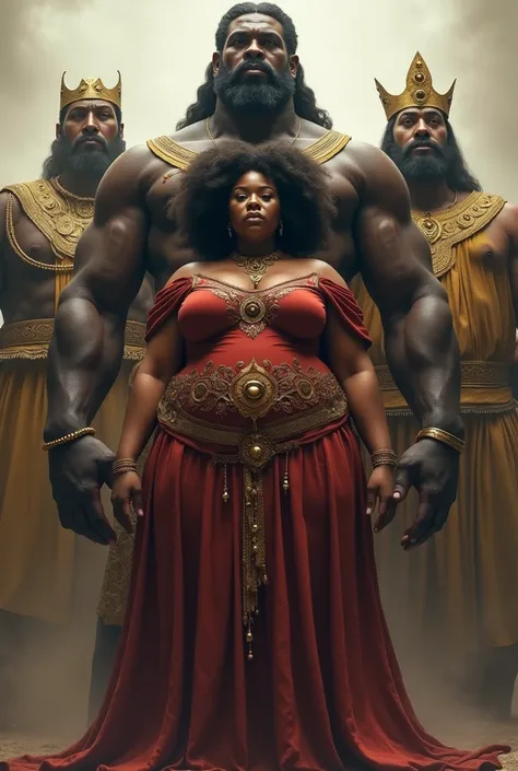 A woman, african and curvy  is standing an behind- her is three l large, huge male figures, giants,protecting her, wearing king attire full one male is light skincovered, the woman has natural hair and is curvy, big fat body, like Lizana Kafwa,  fat lady