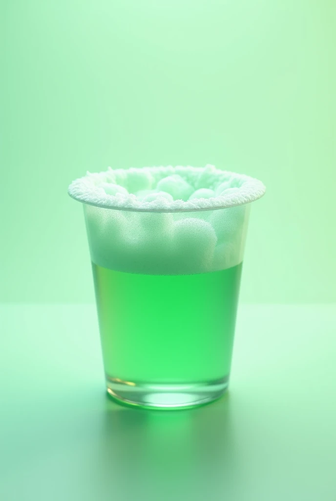 Hyper realistic digital illustration of urine cup with foam, light green background