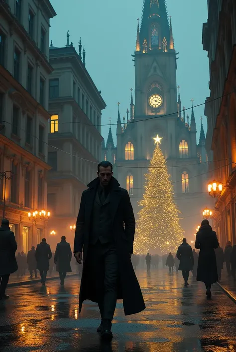 That a mysterious man is walking on the streets and on the block there is a church full of luxury full of people and also that there is a Santa Claus Christmas tree there in the church that is adorned with little light and everything