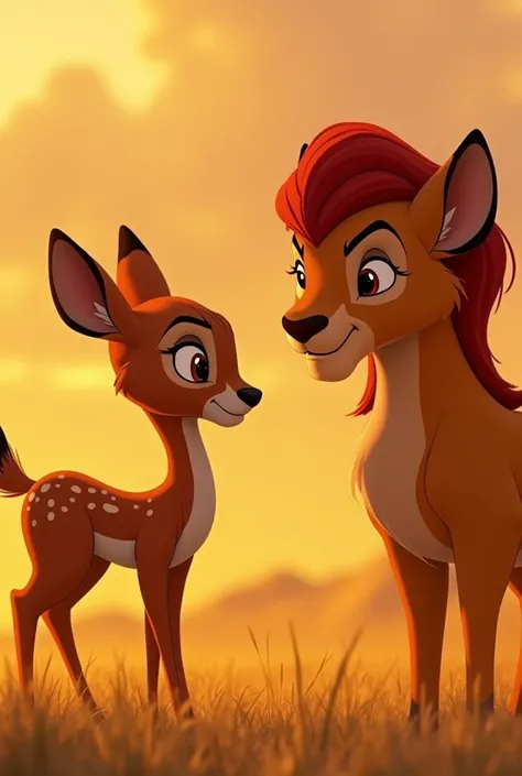 "A Pixar-style close-up of Della the deer, standing calmly and looking up at Leo. Her eyes are wide with a peaceful and wise expression. Leo, still crouched but less tense now, looks at her with curiosity. Dellas gentle smile and calm demeanor create a sen...