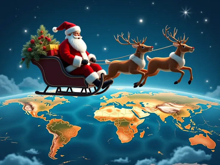 SANTA CLAUS FLYING IN THE SLEIGH ON THE WORLD MAP