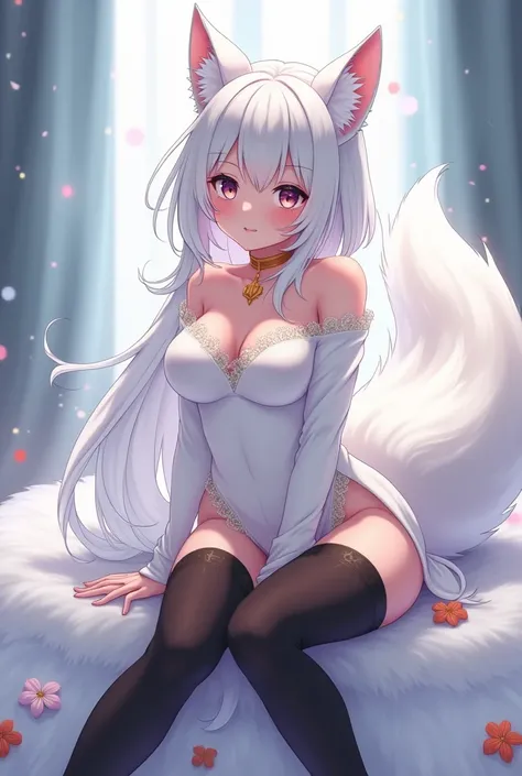 White fox with humanoid body, anime, girl,  long legs , big thigh, Black long stockings that reach the thigh, furry