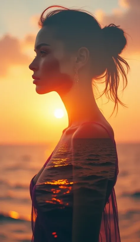  high quality,  8k Ultra HD, Прекрасная  double exposure ,  that combines the silhouette of a goddess and a sunset on the coast,  sunset coast should serve as a backdrop , with its details, included in the silhouette of the goddess, clear lines, background...