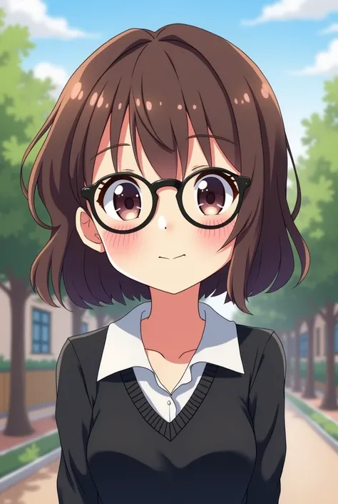 a girl, , her hair is slightly wavy and brown and short, cartoon character of a student ,  intelligent ,  with black round glasses , Anime background school smiling slightly and wearing black school uniform