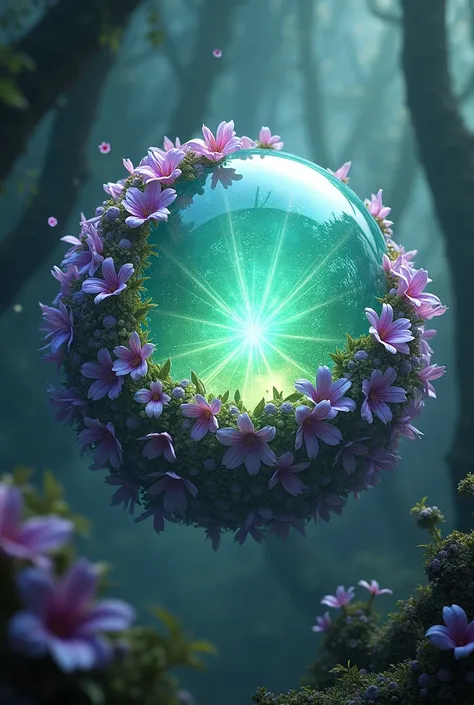 a sphere shining with purple green flowers 