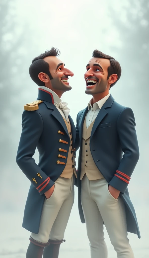 Napoleon Bonaparte and French President Macron standing side by side, both laughing dramatically in a white, foggy, and ethereal background with soft lighting, slightly animated style with realistic but subtly exaggerated features, 8k, high resolution, HDR...