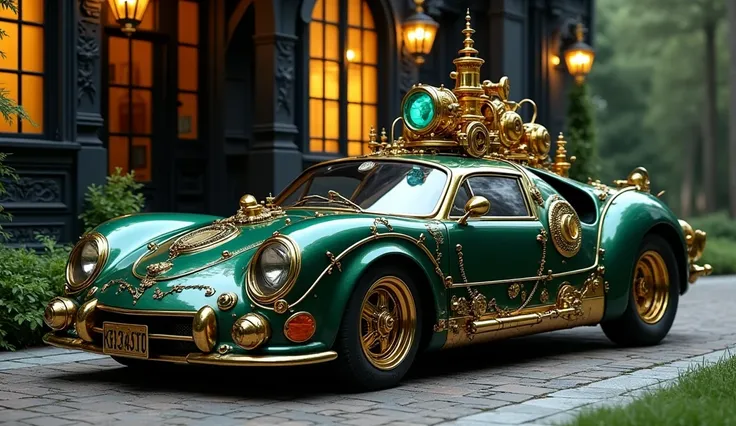  (((3 /4))) (LAMBORGUINI 1990 HOTROD DARK GREEN STEAMPUNK VERSION),  filled with ROCOCOS AND golden props , bronze and brass , already ((( SIDE FRONT VIEW OF THE ENTIRE CAR with a single TOPAZIO LONDON stone))) With lots of veins ,  on the sidewalk of a st...