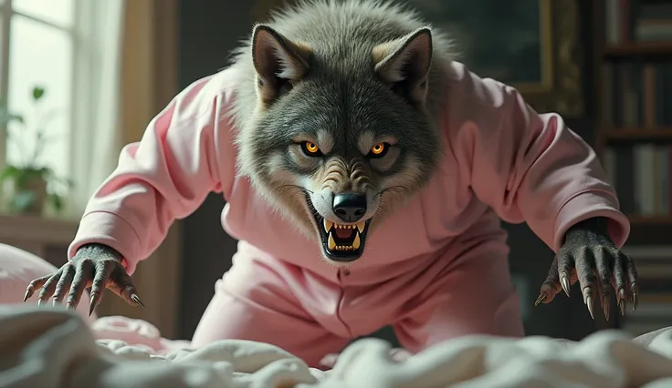 Bad Wolf , Malvado in light pink sleeping pajamas ,  jumping out of bed to swallow Little Red Riding Hood 