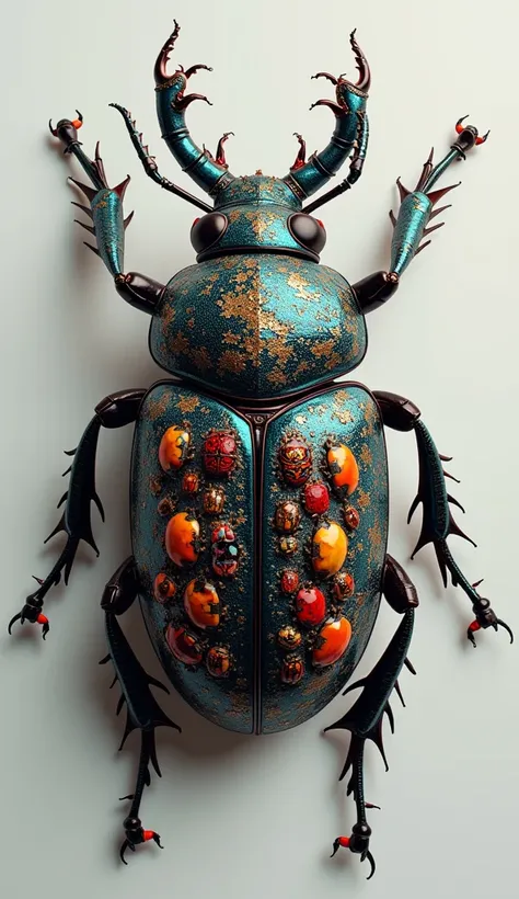 Hyperrealistic photo of a beetle all adorned with colorful beetles 