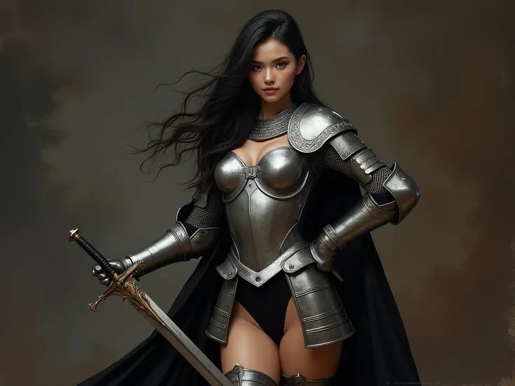  high resolution.  accurate hands . realistic face. Navel piercing silver European armor showing belly .  thigh band stockings .  deep black panties . Black Chalk, Long Sword, From Head to Body .배꼽피어싱 복근  beautiful face  탄탄한엉덩이 . Strong abs . Arrogant expr...