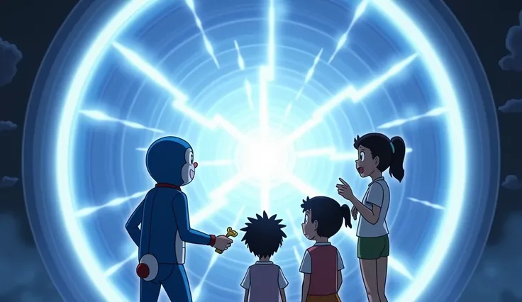 Description:
Nobita, Shizuka, Gian, and Suneo are standing in front of a large, circular time portal with Doraemon. The portal is emitting blue and white light. All of them look excited yet a bit scared. Doraemon holds the key in his hand, about to activat...