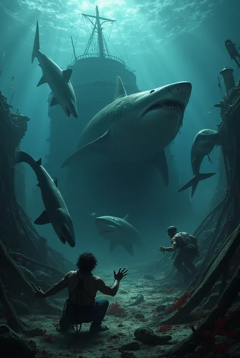 Sharks killing the people in a ship sunk underwater