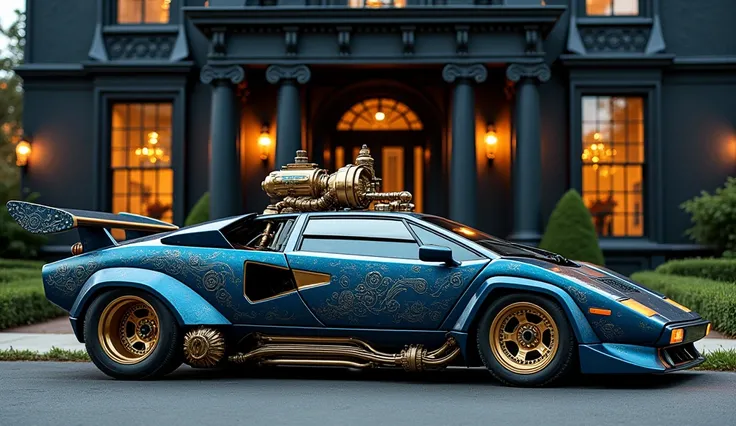  (((3 /4))) (LAMBORGUINI 1990 HOTROD DARK BLUE STEAMPUNK VERSION ),  filled with ROCOCOS AND golden props , bronze and brass , already ((( SIDE OF THE ENTIRE CAR with a single TOPAZIO LONDON stone))) With lots of veins ,  on the sidewalk of a steampunk man...