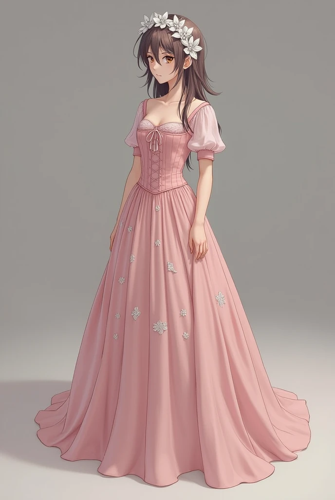  dress:  The dress would be a soft pink tone ,  similar to Aurora ,  but with a more melancholic and elegant touch .  The fabric would have a light texture that mimics movement and fluidity ,  with delicate embroideries that remind you of your insecurities...