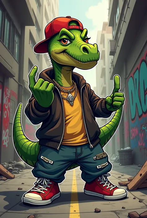 Hidden hip hop style cartoon dinosaur showing middle finger