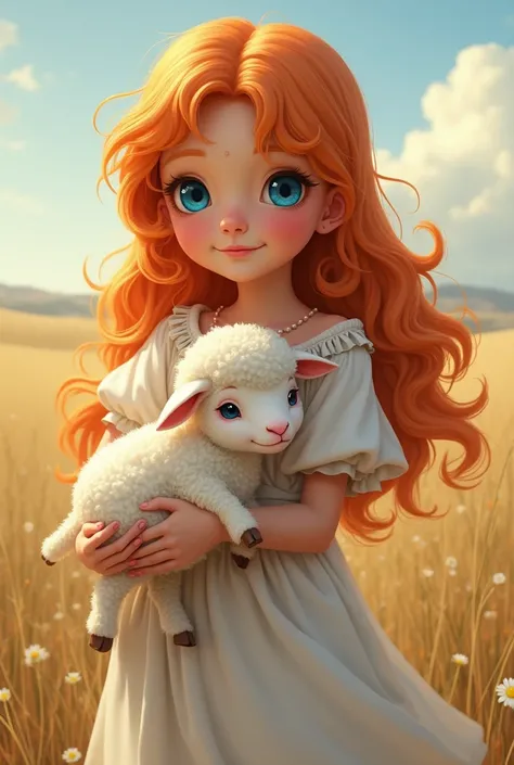 A  girl in a lownland holding a little sheep. 
She looks innocent with his soft face and white greek dress and orange hair and blue eyes