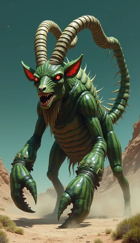 A nightmarish goat-watermelon-scorpion hybrid stalks a barren desert, its grotesque form a chaotic blend of predator, prey, and plant. The creature’s massive body is segmented and muscular, with the torso of a goat fused into a chitinous, armored exoskelet...