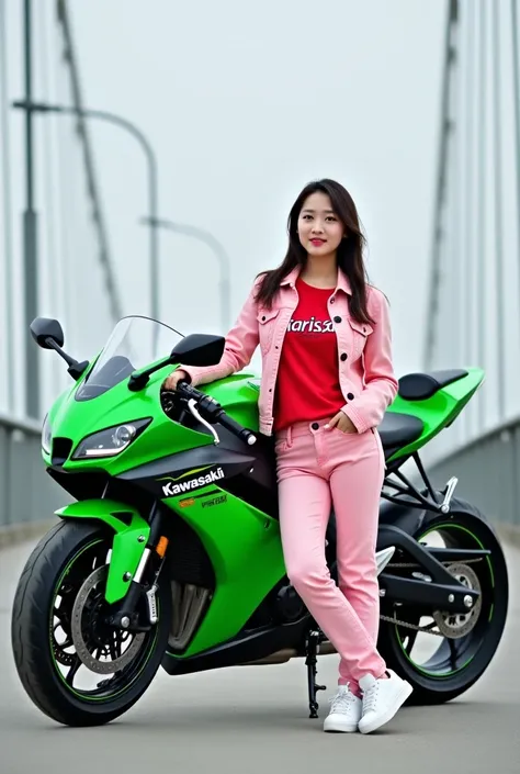 a beautiful korean woman standing next to a giant green Kawasaki ninja motorcycle on a bridge wearing a red shirt written on the name Marissa wearing a pink jeans jacket wearing pink jeans trousers wearing nike shoes