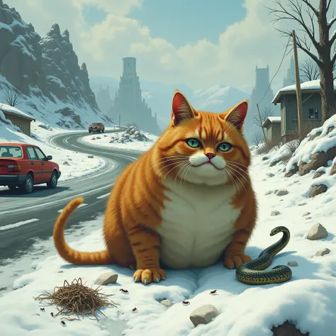 Fat cat poor eating food road cars, snow,ants and snake 