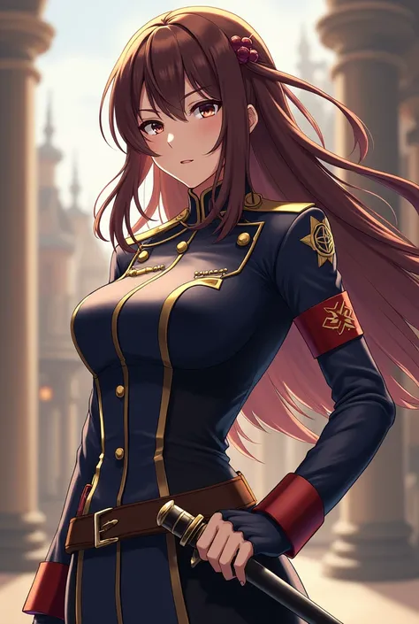 Brown Haired and Black eyes Anime Swordswoman with Government uniform with authorative look from Genshin Impact