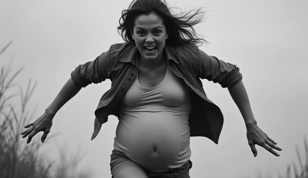 A black and white image of a pregnant woman running (frontal view). The woman is very scared.