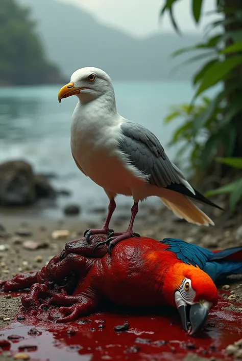 A pure-white seagull is kill and stands atop of the bloodeid lifeless body of a macaw in a hyperrealistic scene in a nature background.