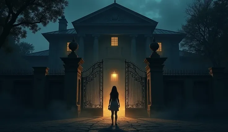 1. Ananya standing outside Rajkarans grand house at night, her silhouette illuminated by the dim glow of a lantern. The house looks intimidating with its tall gates and shadowy windows.

