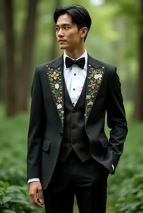 a tuxedo for the groom at his wedding inspired by forest fairies and the game Zelda and the Ocarina of Time a little in Japanese style on the neck of the vest