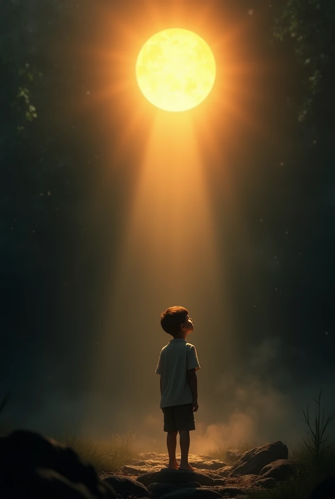 "A young boy standing in a dimly lit environment with a dark atmosphere surrounding him. The boy gazes upward toward a bright, radiant sun directly overhead, casting dramatic light and shadows. The sunlight illuminates his face and figure, creating a strik...