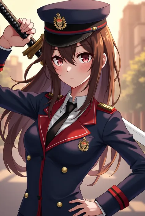 Brown Haired and Black eyes Anime Swordswoman with Government uniform with authorative look from Genshin Impact